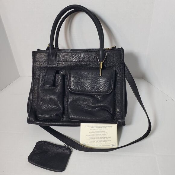Vintage Fossil Black Genuine Leather Handbag Tote with Authenticity Card #75082 - Picture 1 of 16